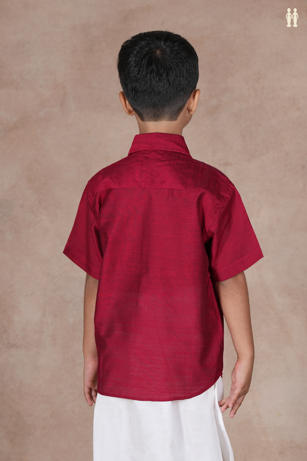 Regular Collar Plain Burgundy Red Raw Silk Shirt