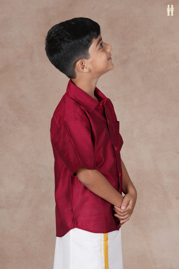 Regular Collar Plain Burgundy Red Raw Silk Shirt