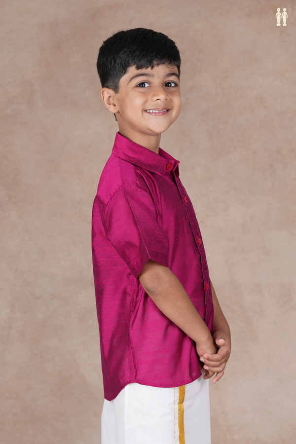Regular Collar Plain Magenta Raw Silk Shirt
