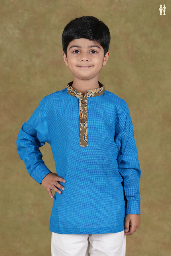 Chinese Collar Checks Design Blue Cotton Kurta