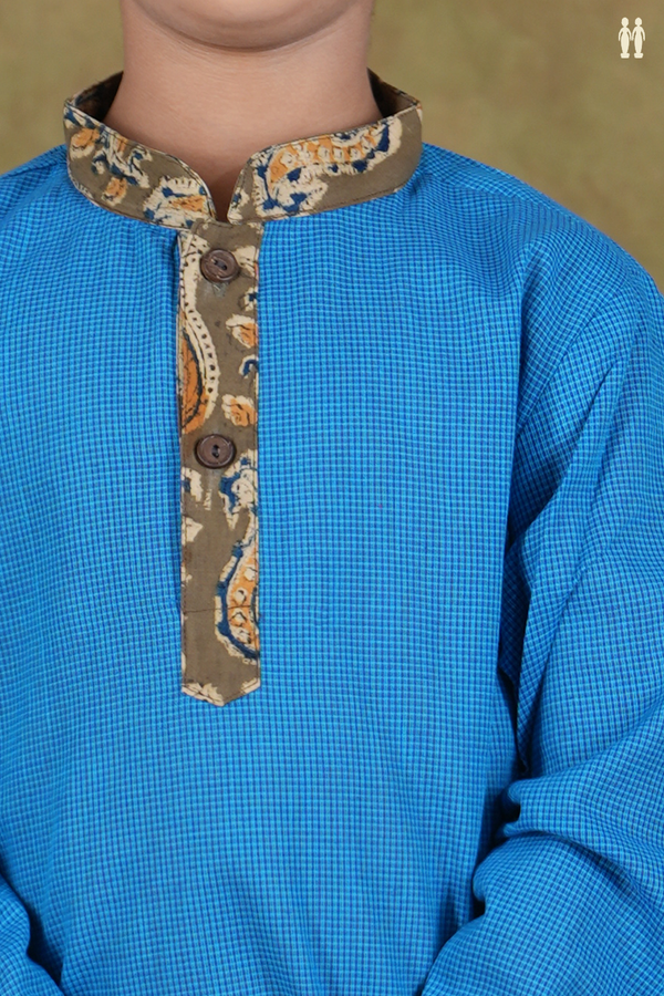 Chinese Collar Checks Design Blue Cotton Kurta