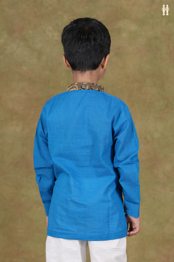 Chinese Collar Checks Design Blue Cotton Kurta