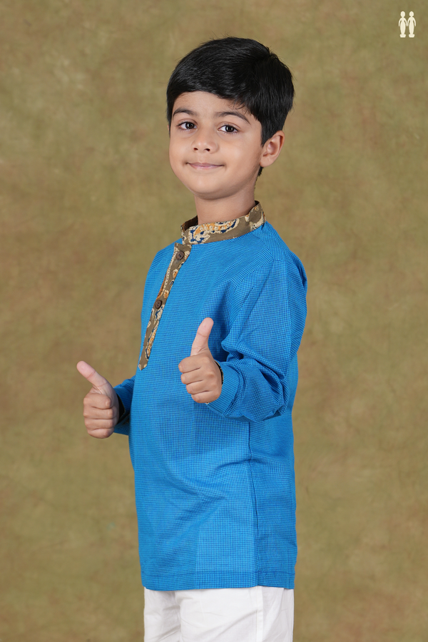Chinese Collar Checks Design Blue Cotton Kurta