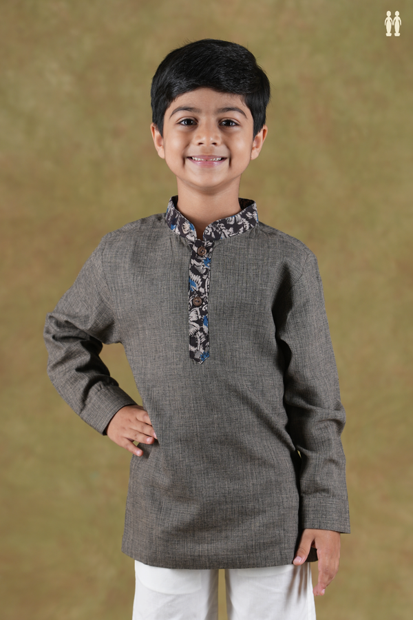 Chinese Collar Plain Grey Cotton Kurta
