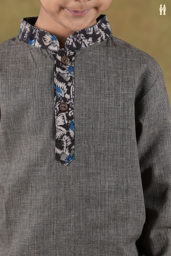 Chinese Collar Plain Grey Cotton Kurta