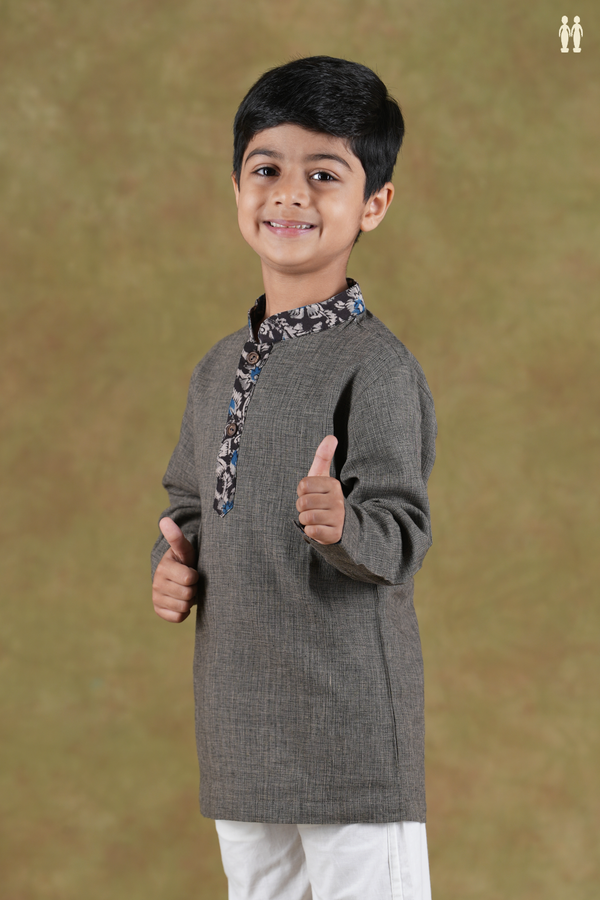 Chinese Collar Plain Grey Cotton Kurta