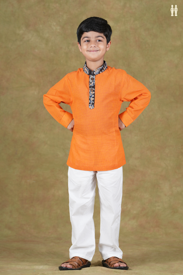 Chinese Collar Checks Design Orange Cotton Kurta