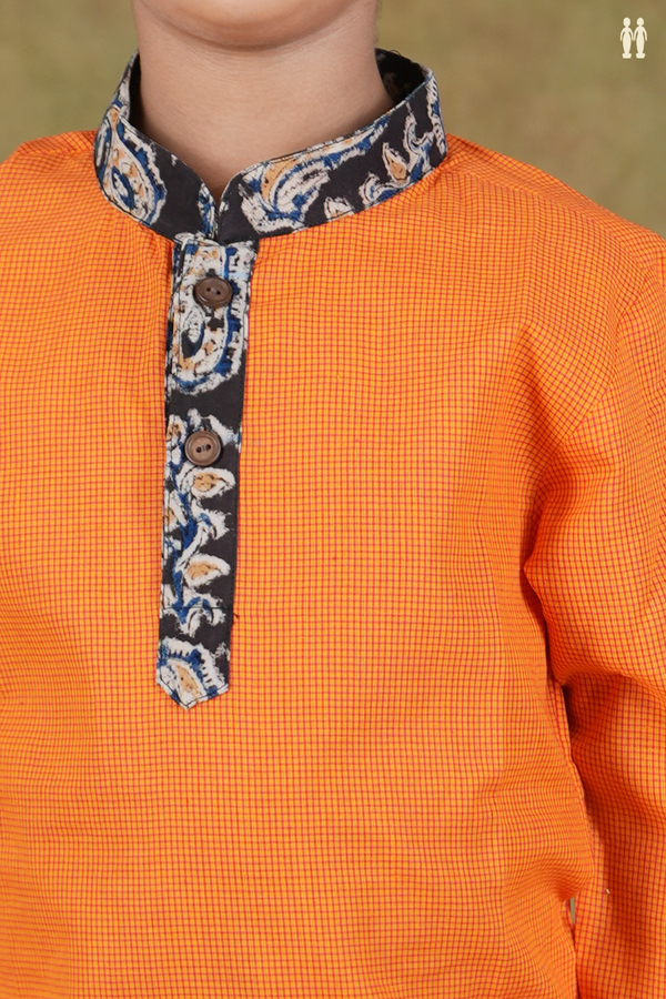 Chinese Collar Checks Design Orange Cotton Kurta