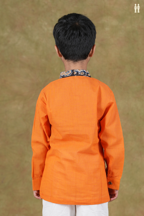 Chinese Collar Checks Design Orange Cotton Kurta