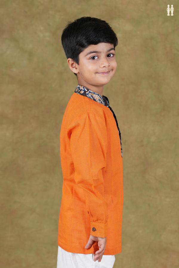 Chinese Collar Checks Design Orange Cotton Kurta
