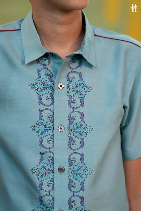 Regular Collar Printed Design Dusty Blue Chanderi Cotton Shirt