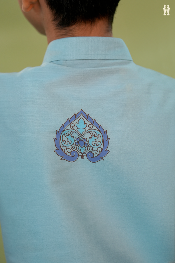 Regular Collar Printed Design Dusty Blue Chanderi Cotton Shirt