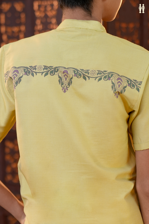 Chinese Collar Printed Design Creamy Yellow Chanderi Shirt