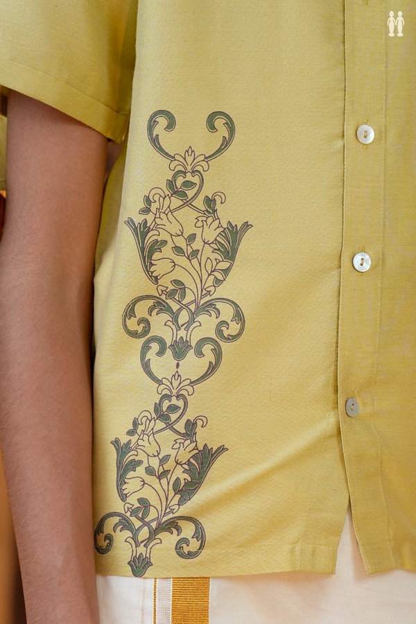 Chinese Collar Printed Design Creamy Yellow Chanderi Shirt