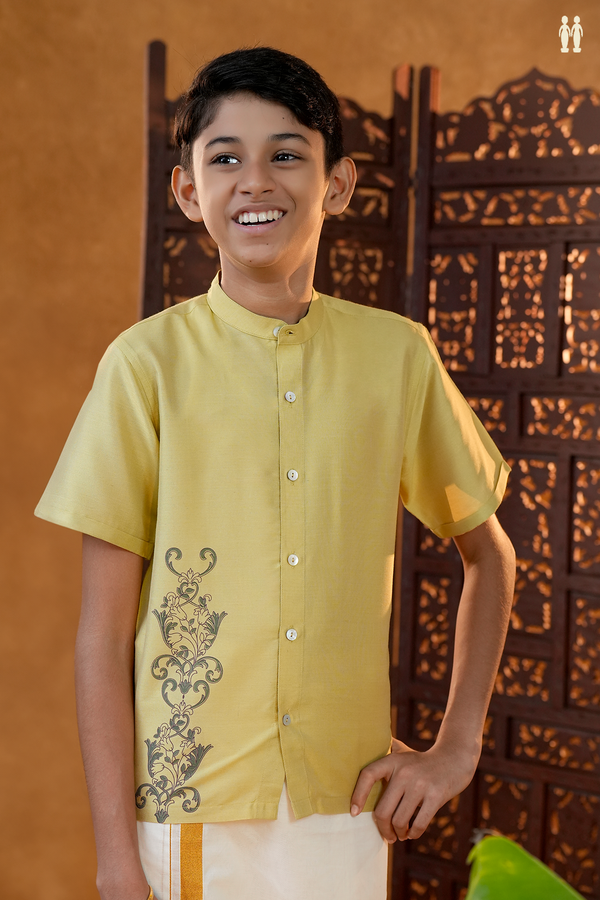 Chinese Collar Printed Design Creamy Yellow Chanderi Shirt