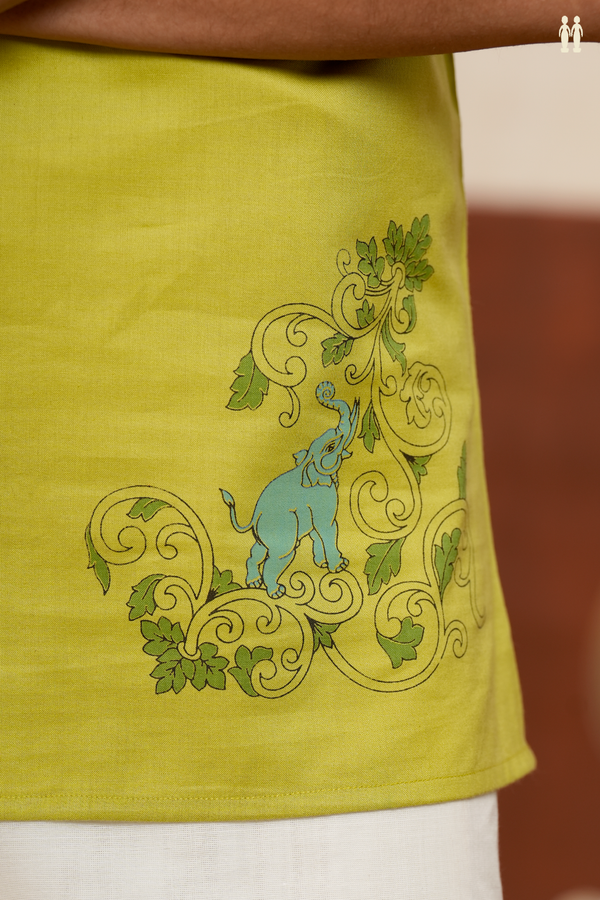 Chinese Collar Printed Green Banana Bamboo Cotton Short Kurta