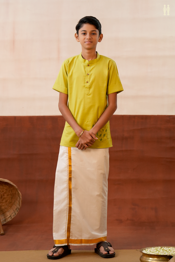 Chinese Collar Printed Green Banana Bamboo Cotton Short Kurta