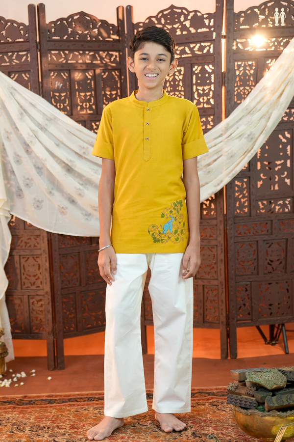 Chinese Collar Printed Yellow Banana Bamboo Cotton Short Kurta