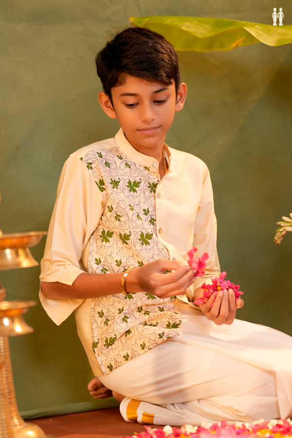 Chinese Collar Floral Design Cream Chanderi Cotton Shirt