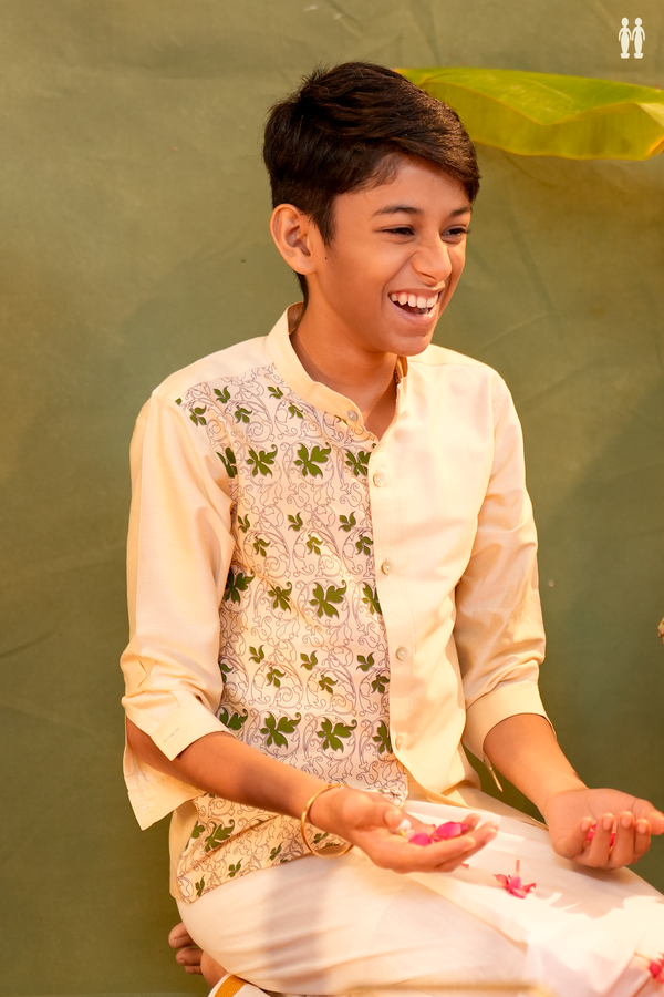 Chinese Collar Floral Design Cream Chanderi Cotton Shirt