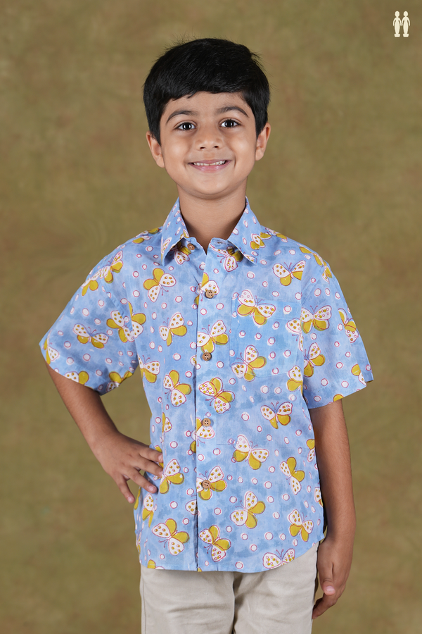Regular Collar Butterfly Design Blue Cotton Shirt