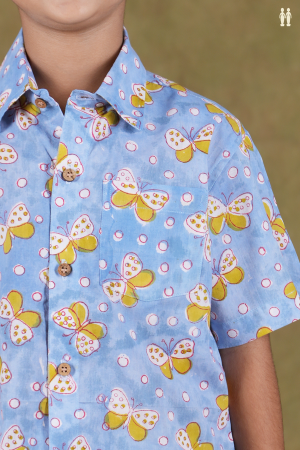 Regular Collar Butterfly Design Blue Cotton Shirt