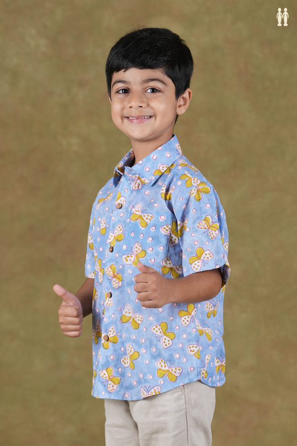 Regular Collar Butterfly Design Blue Cotton Shirt