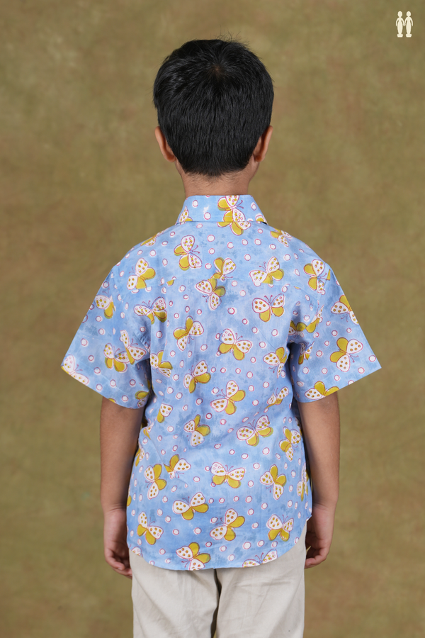 Regular Collar Butterfly Design Blue Cotton Shirt