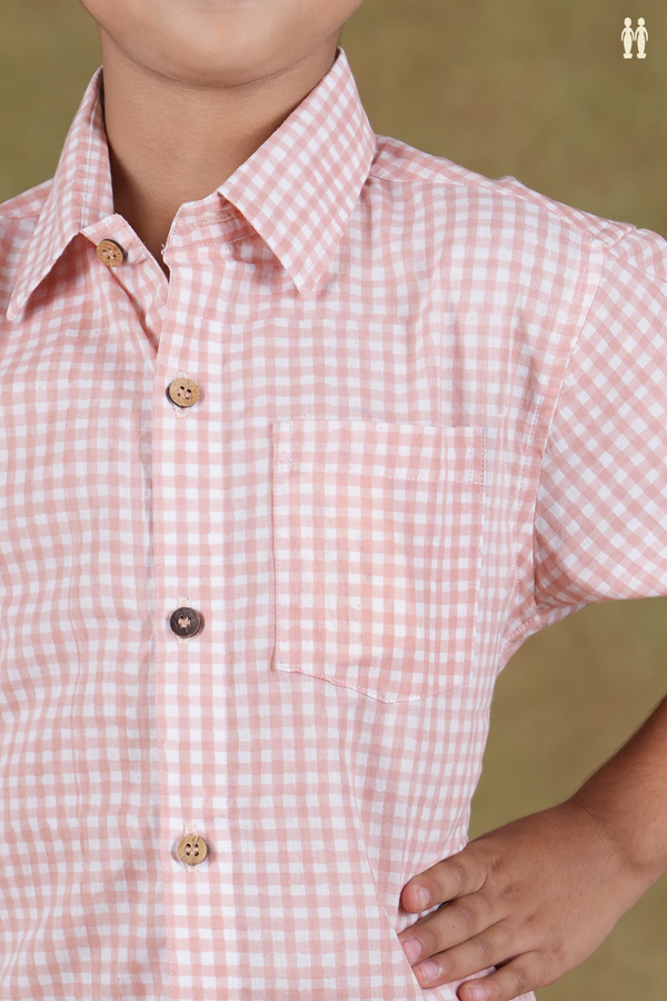 Regular Collar Checks Design Peach And White Cotton Shirt