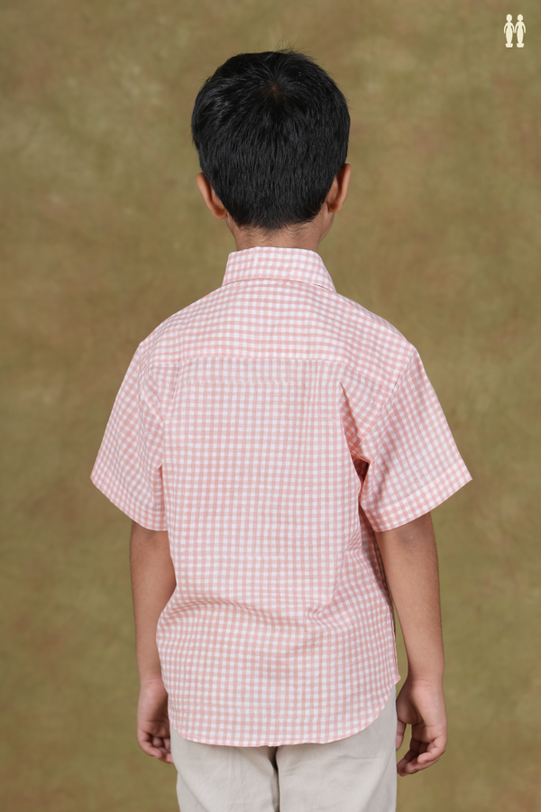 Regular Collar Checks Design Peach And White Cotton Shirt