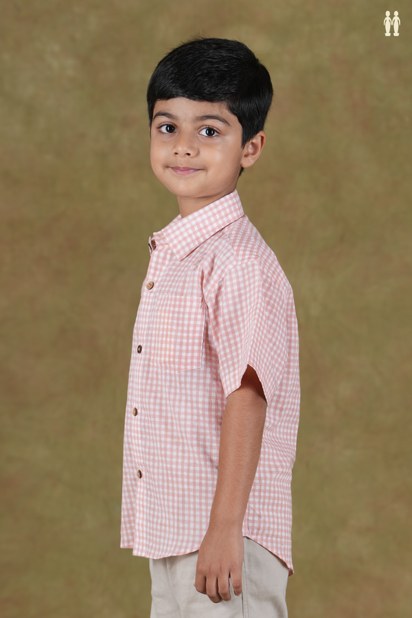 Regular Collar Checks Design Peach And White Cotton Shirt