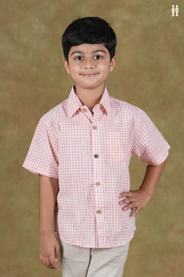 Regular Collar Checks Design Peach And White Cotton Shirt