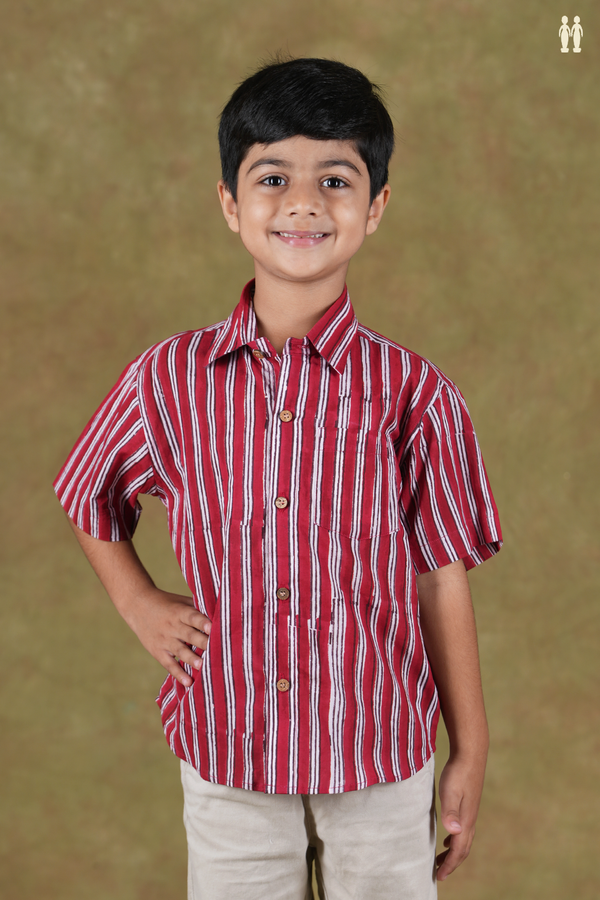 Regular Collar Stripes Design Red And White Cotton Shirts