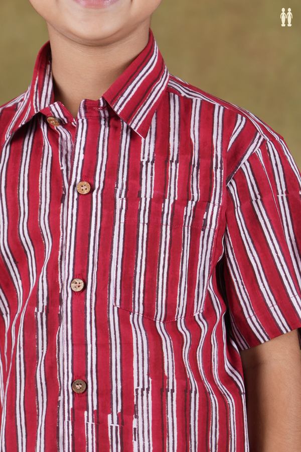 Regular Collar Stripes Design Red And White Cotton Shirts