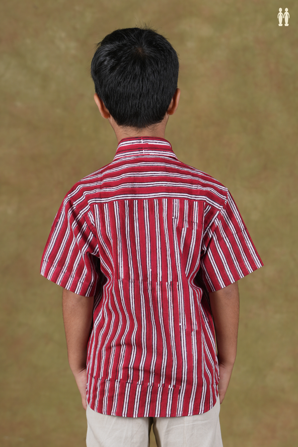 Regular Collar Stripes Design Red And White Cotton Shirts