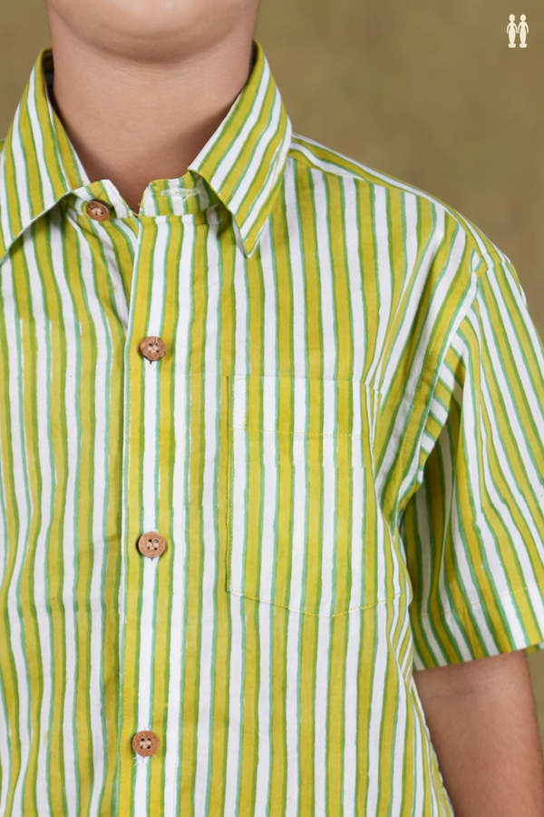 Regular Collar Stripes Design Green And White Cotton Shirts