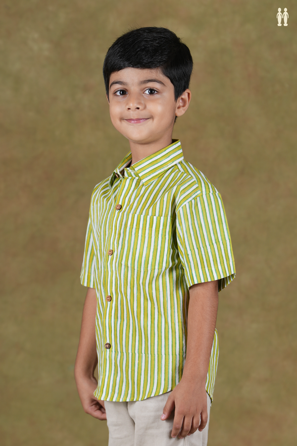 Regular Collar Stripes Design Green And White Cotton Shirts