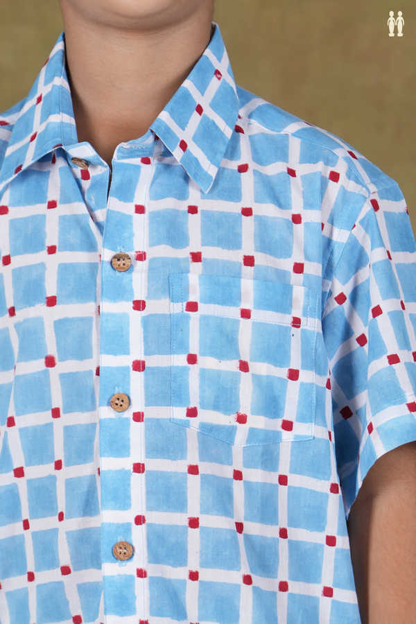 Regular Collar Square Design White And Blue Cotton Shirts