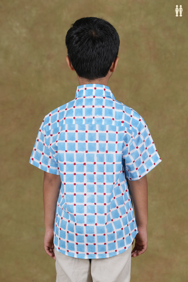 Regular Collar Square Design White And Blue Cotton Shirts