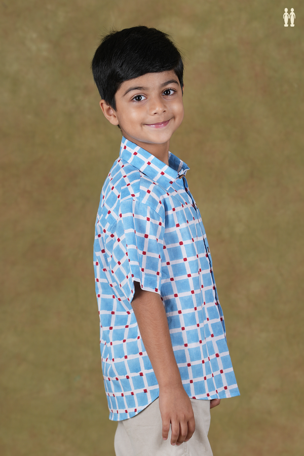 Regular Collar Square Design White And Blue Cotton Shirts