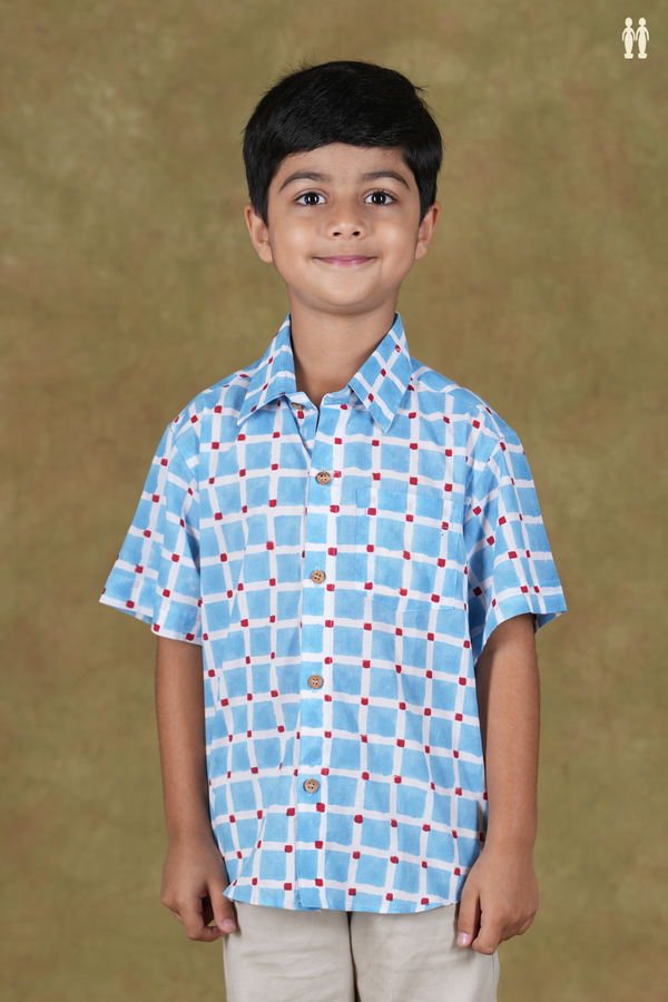 Regular Collar Square Design White And Blue Cotton Shirts