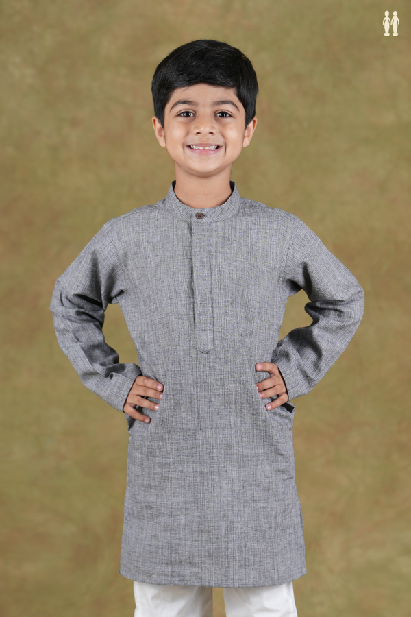 Chinese Collar Plain Grey Cotton Long Kurta