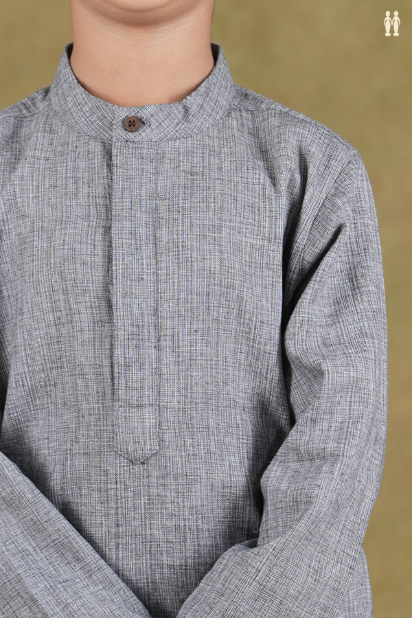 Chinese Collar Plain Grey Cotton Long Kurta