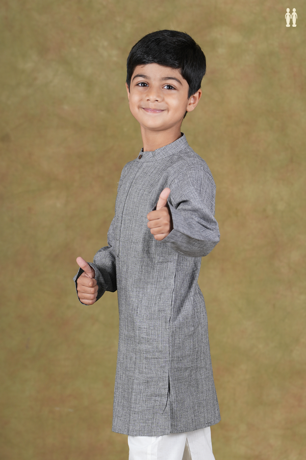 Chinese Collar Plain Grey Cotton Long Kurta