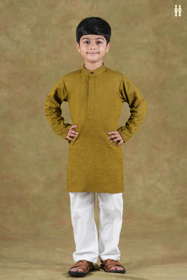 Chinese Collar Plain Mehendi Green Cotton Long Kurta