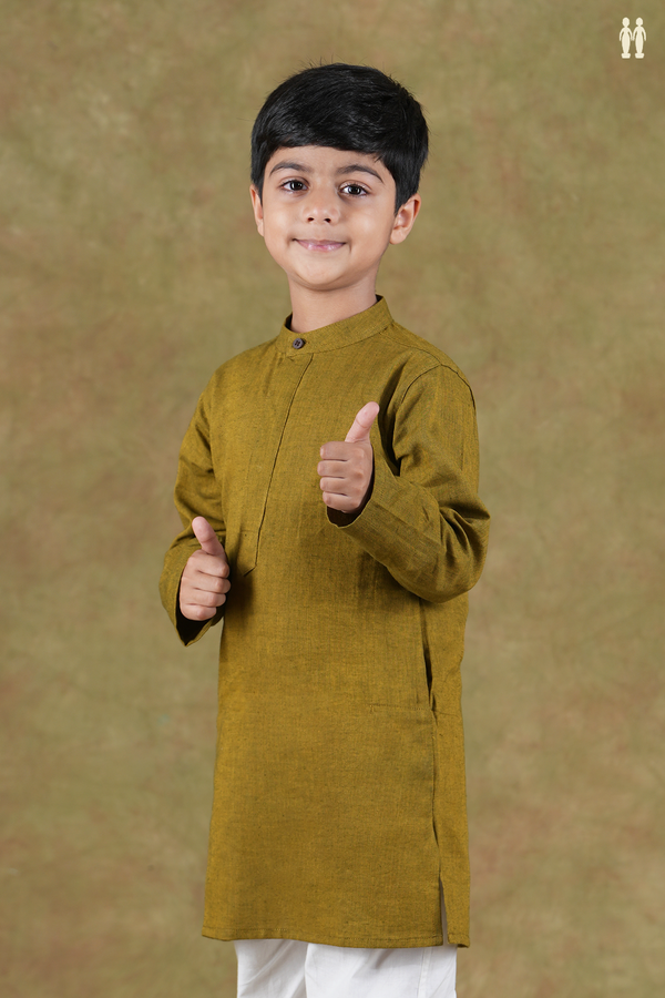 Chinese Collar Plain Mehendi Green Cotton Long Kurta