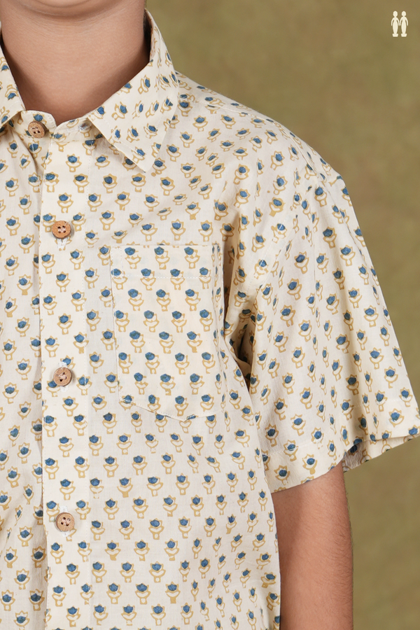 Regular Collar Printed Design Cream Color Cotton Shirt