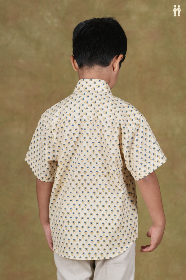 Regular Collar Printed Design Cream Color Cotton Shirt