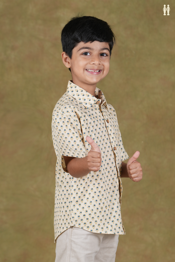 Regular Collar Printed Design Cream Color Cotton Shirt