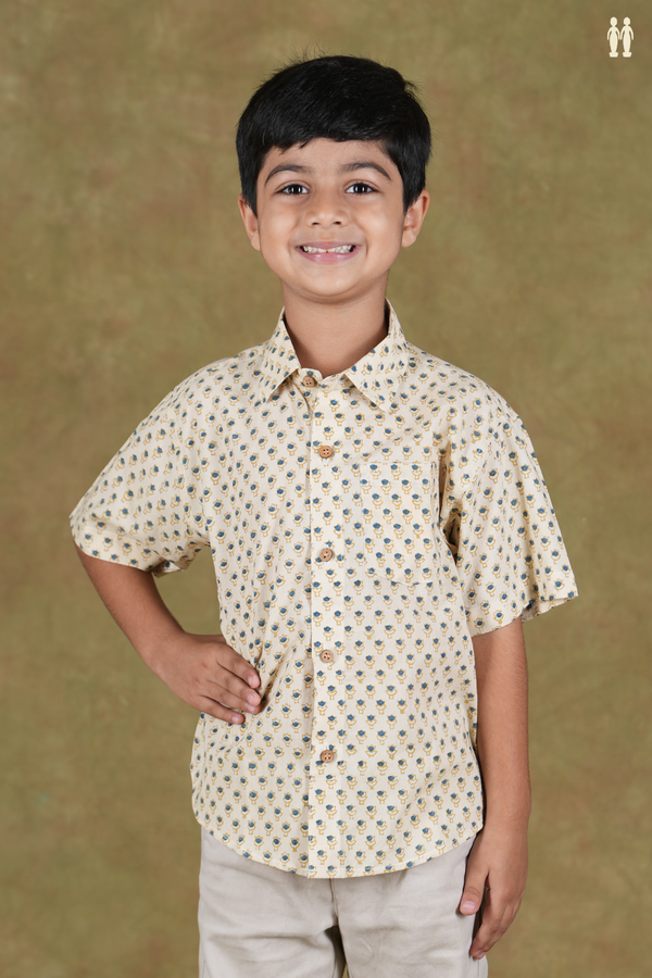 Regular Collar Printed Design Cream Color Cotton Shirt